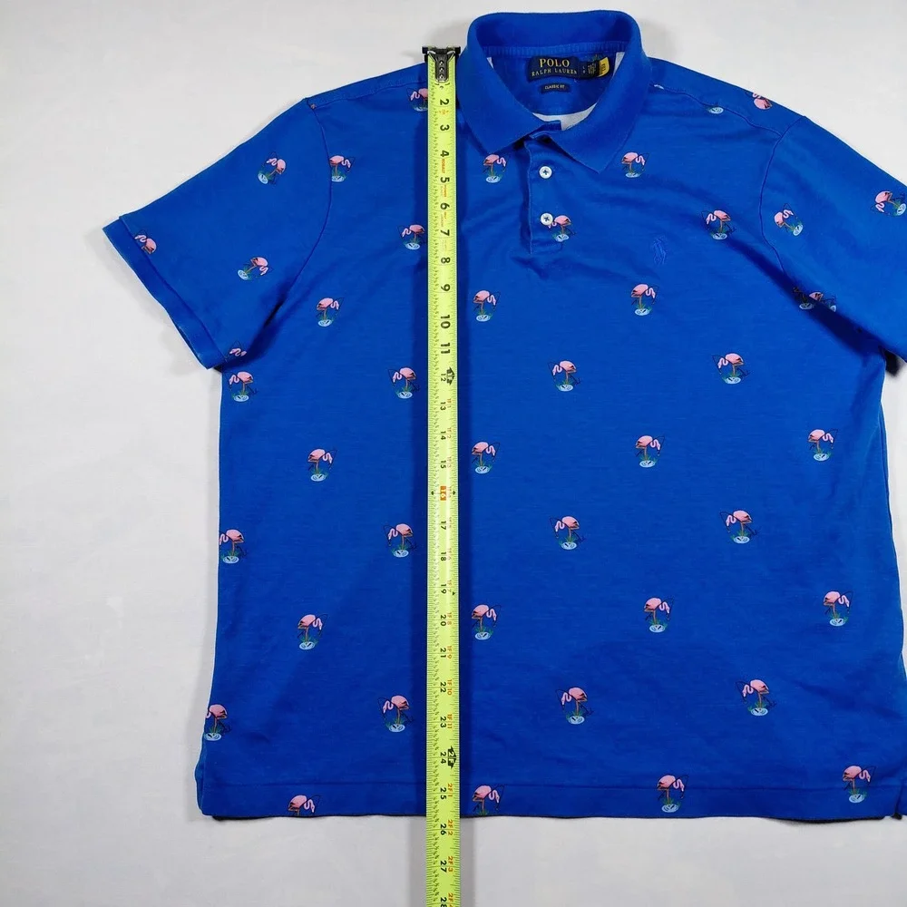 Polo Ralph Lauren Men Classic Fit Blue Flamingo Print Short Sleeve Polo Shirt‎ L